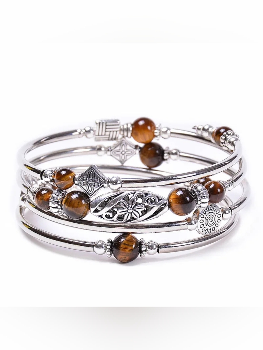 Silver-Tone Tiger Eye Bead Multi-Layer Bracelet